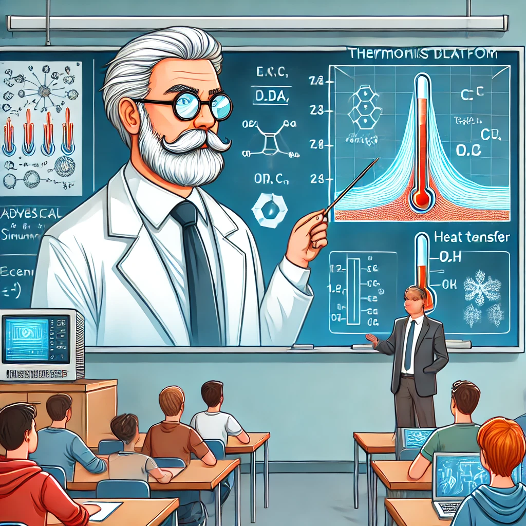 An illustration of a professor teaching thermodynamics