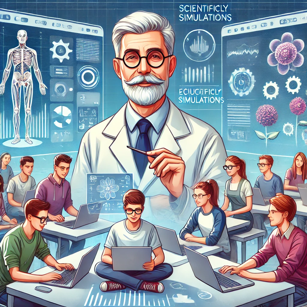 An illustration of a professor mentoring students on scientifically accurate simulation platforms